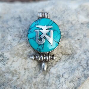 Sterling Silver Om Gau Pendant Turquoise 925